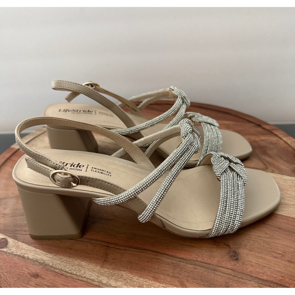 LifeStride Celeste Beige Rhinestone Knotted Block Heel Sandals Womens 8.5W